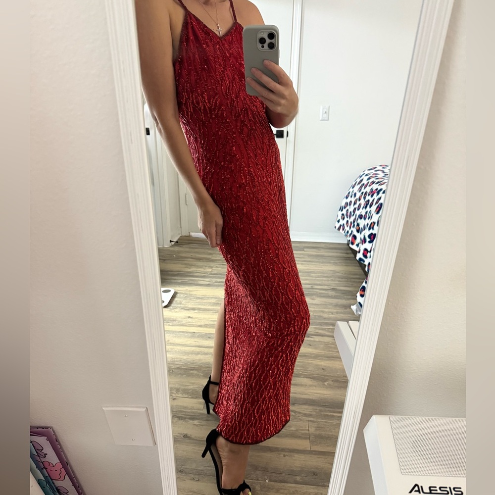 Vintage Mark & John Red Silk Dress – Sequined & Beaded, size L